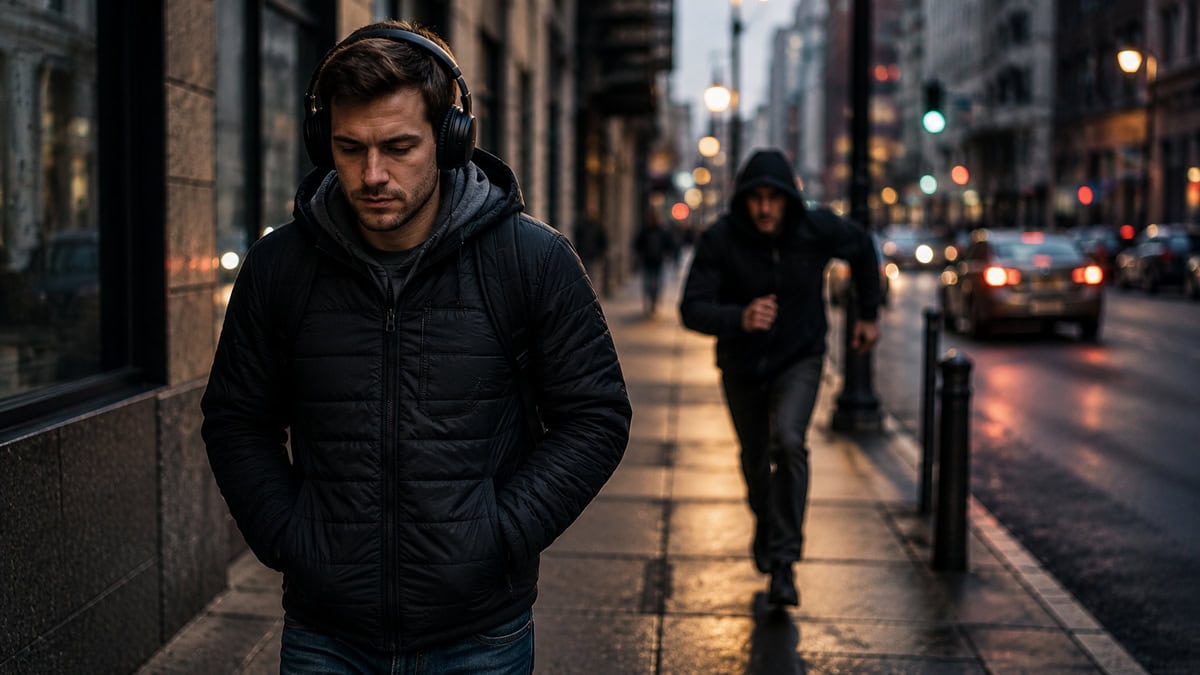 Pedestrian wearing noise-canceling headphones