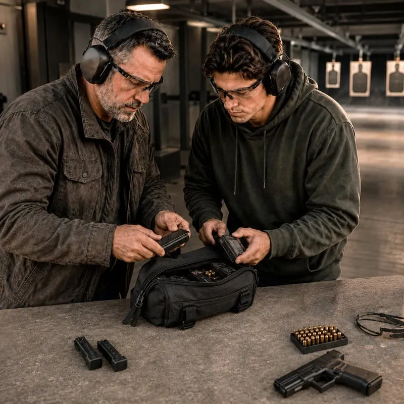 Father and son loading gear into TacSak at the range