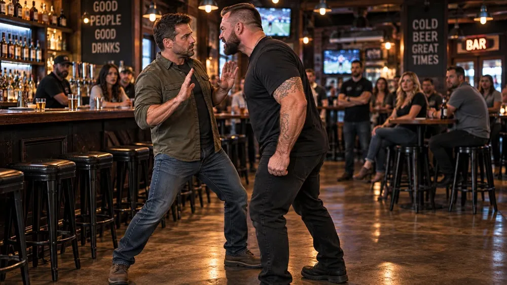 Open-hand defensive fence stance in a crowded bar