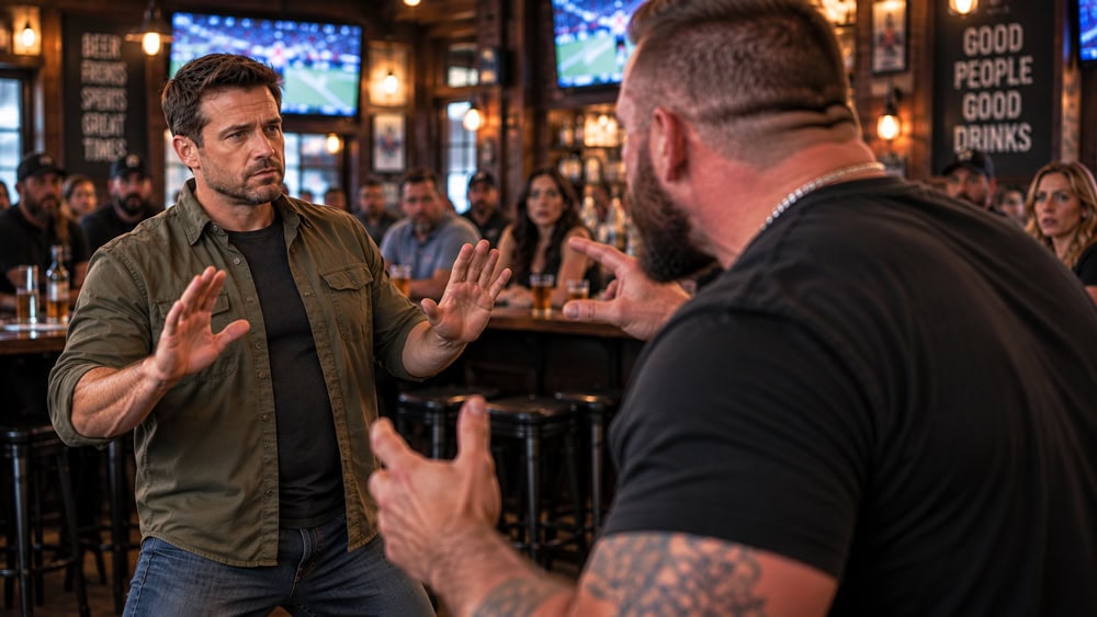 Calm open-hand de-escalation during a bar confrontation