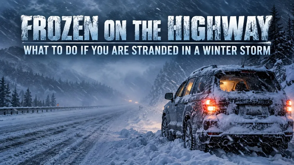 Vehicle stranded on a remote highway during a severe winter storm