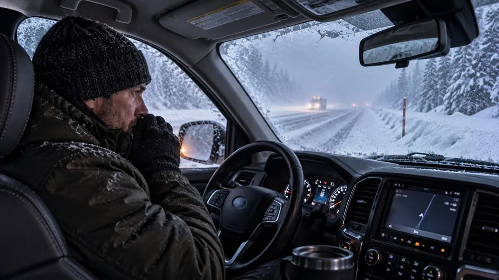 Stranded driver remaining inside his vehicle during a severe winter storm
