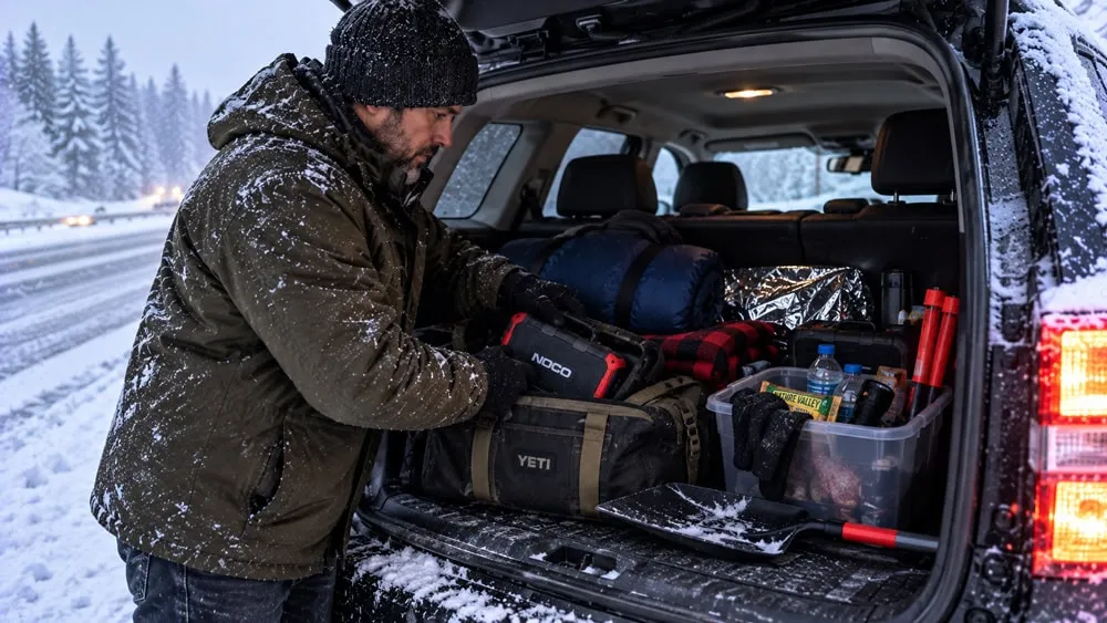 Winter emergency supplies packed in the rear cargo area of a stranded SUV