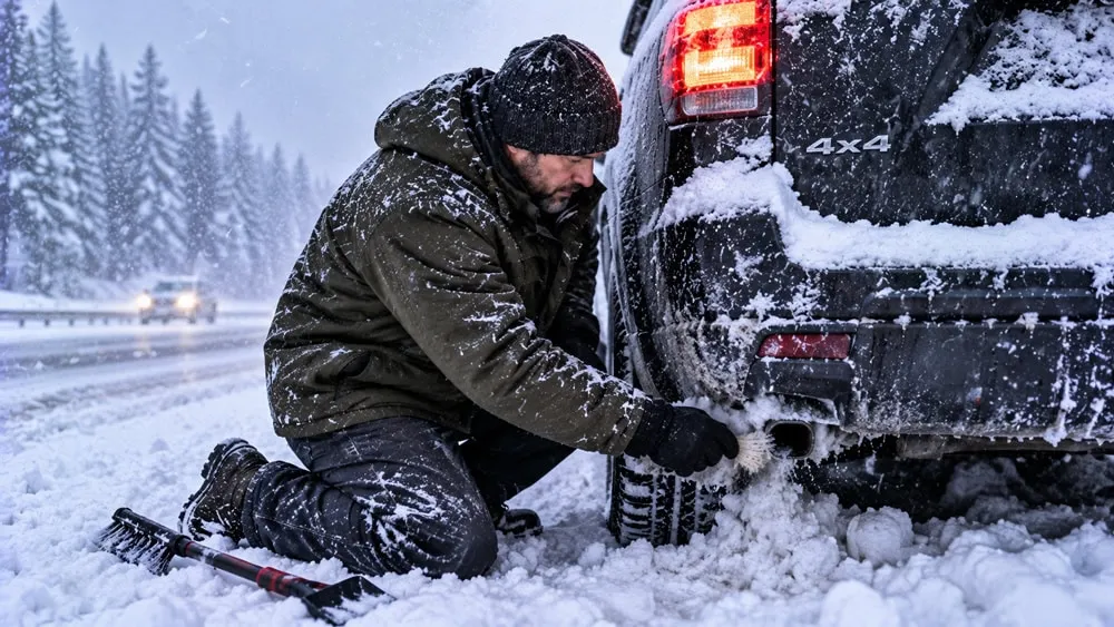 Driver clearing packed snow away from the vehicle exhaust pipe