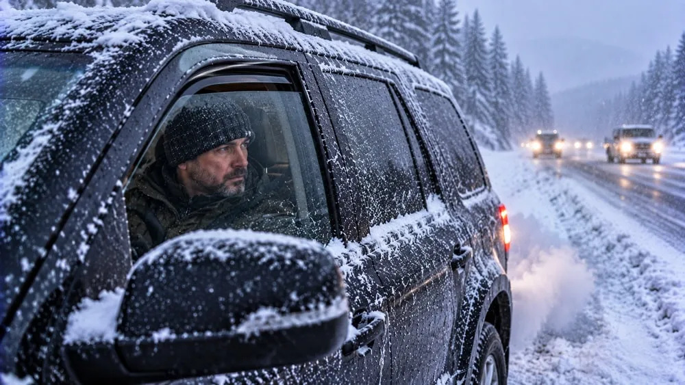 Stranded vehicle running briefly for heat with the side window cracked slightly for ventilation