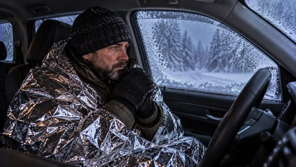 Bundled driver using a reflective thermal blanket to conserve body heat inside the vehicle