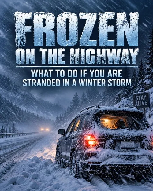 Vehicle stranded on a remote highway during a severe winter storm