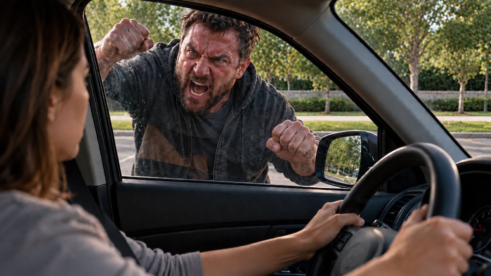 Driver remaining inside the vehicle with the window fully closed during an aggressive road-rage confrontation