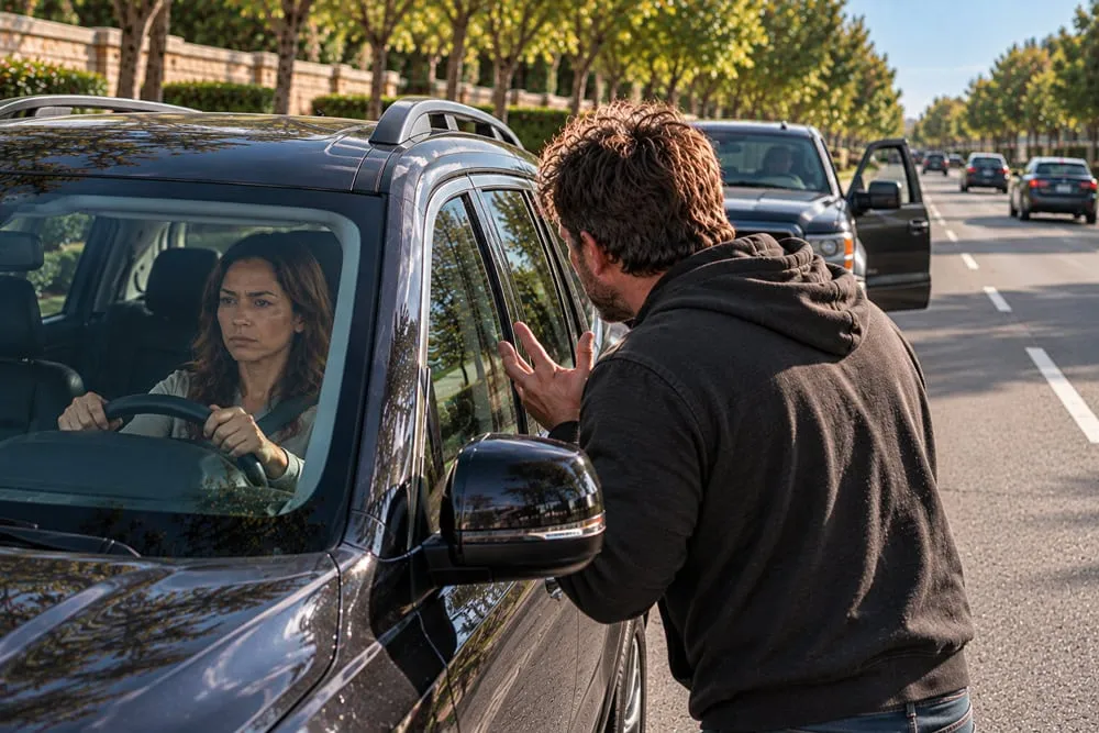 Driver keeping both hands visible on the steering wheel while remaining aware of an aggressive person outside
