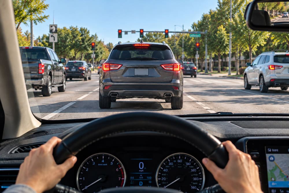 Driver stopped at a red light with enough space to clearly see the rear tires of the vehicle ahead touching the pavement