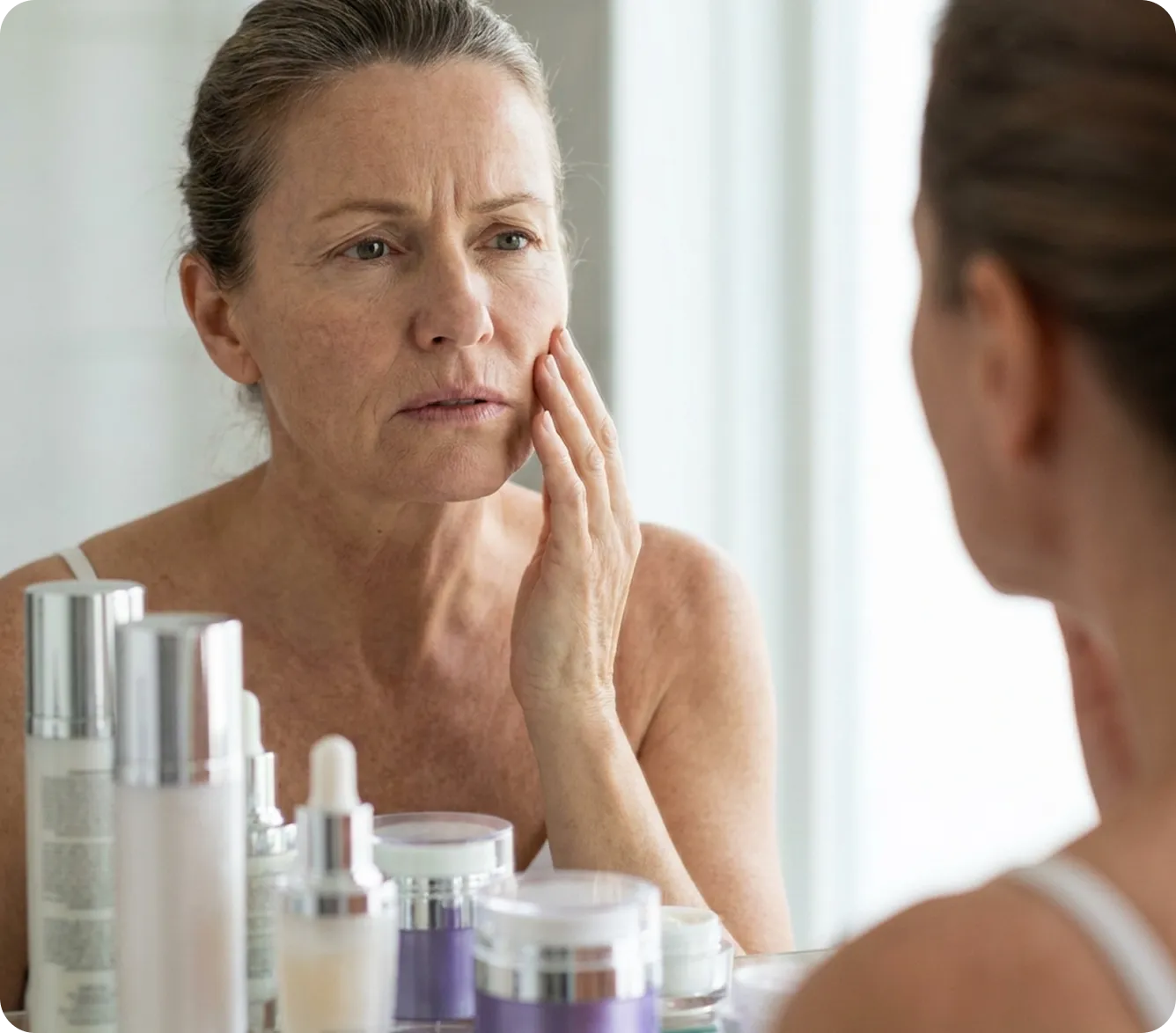Woman looking at menopausal skin concerns in the mirror