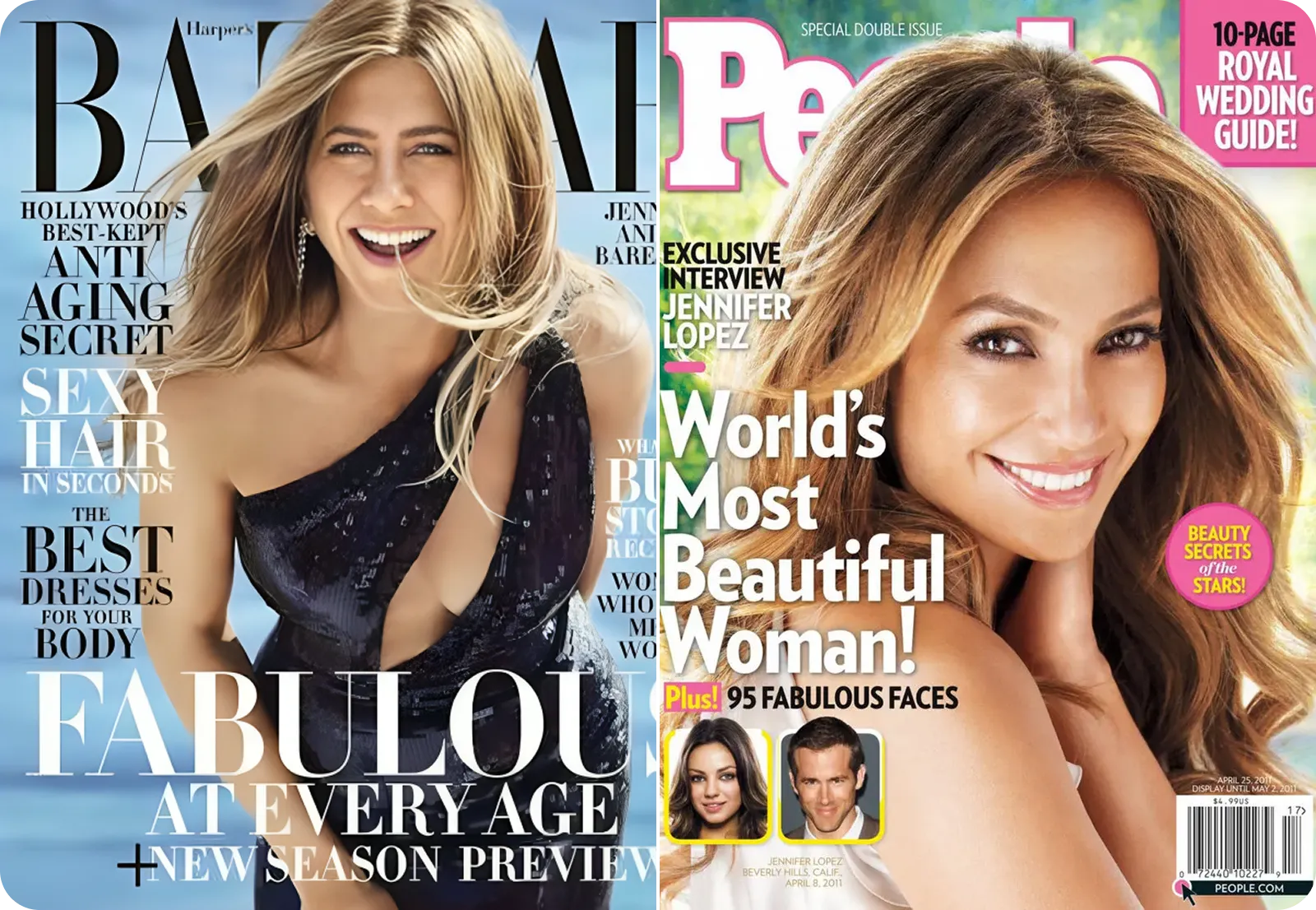 Magazine covers featuring Jennifer Aniston and Jennifer Lopez