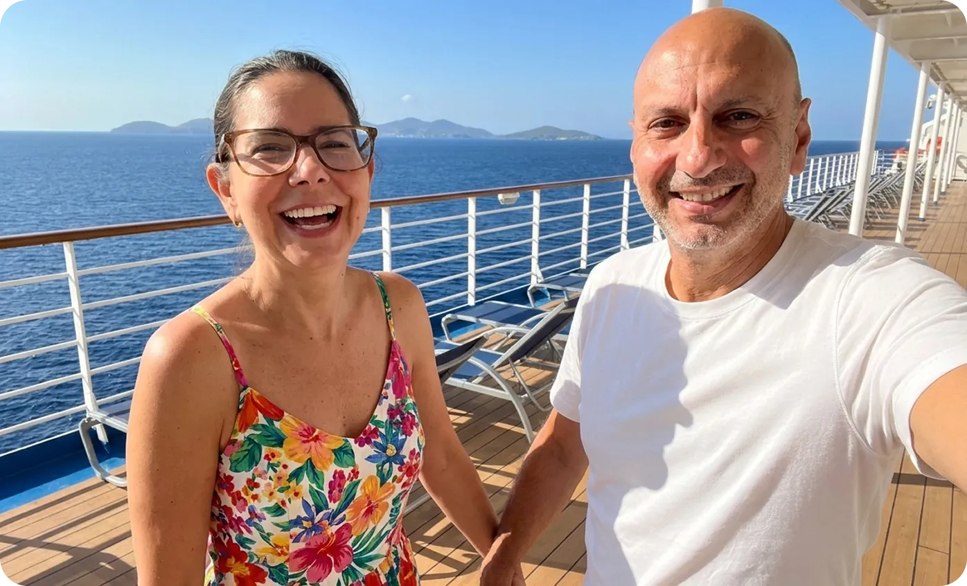 Diane and her husband enjoying their cruise