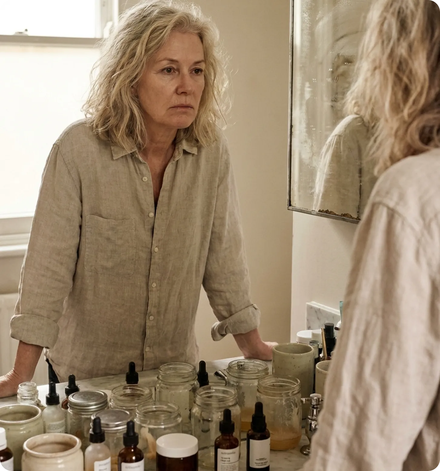 Woman looking at her skin in a mirror