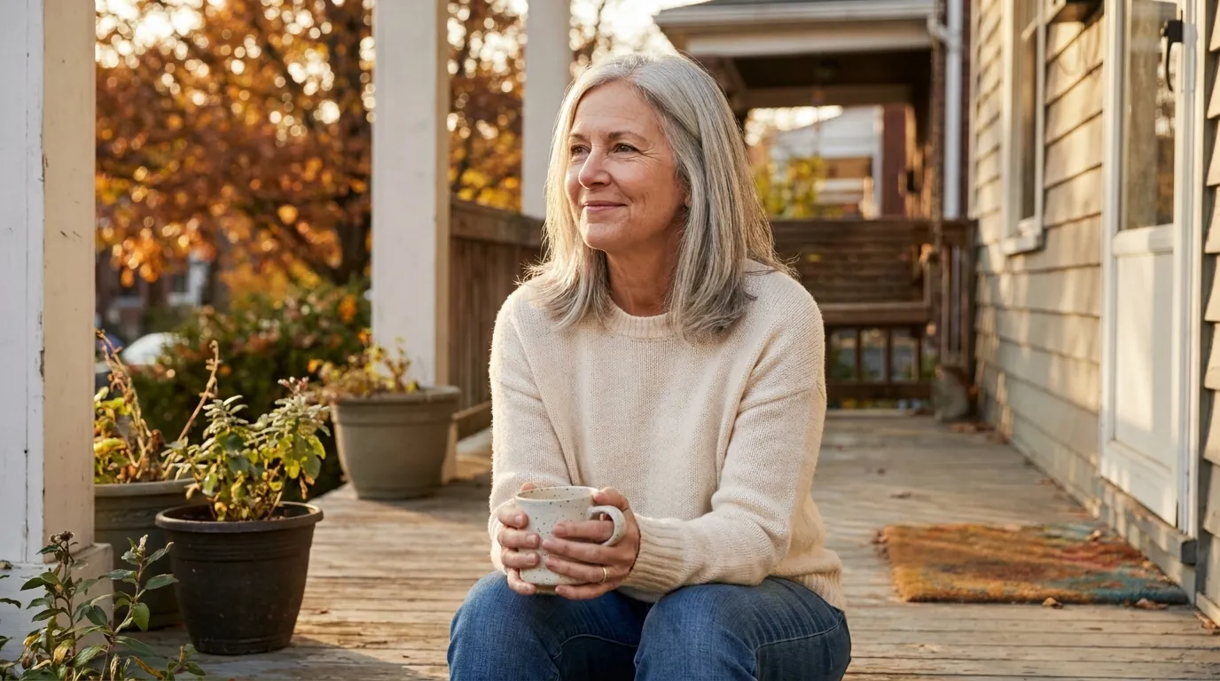 Linda, 62, on her front porch in Pittsburgh's late-autumn light, holding a mug of coffee, calm small smile.