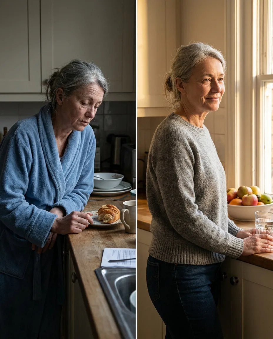 Editorial before/after diptych of a woman in her 60s at her kitchen counter — tired in a robe on the left, dressed and standing easily weeks later on the right.