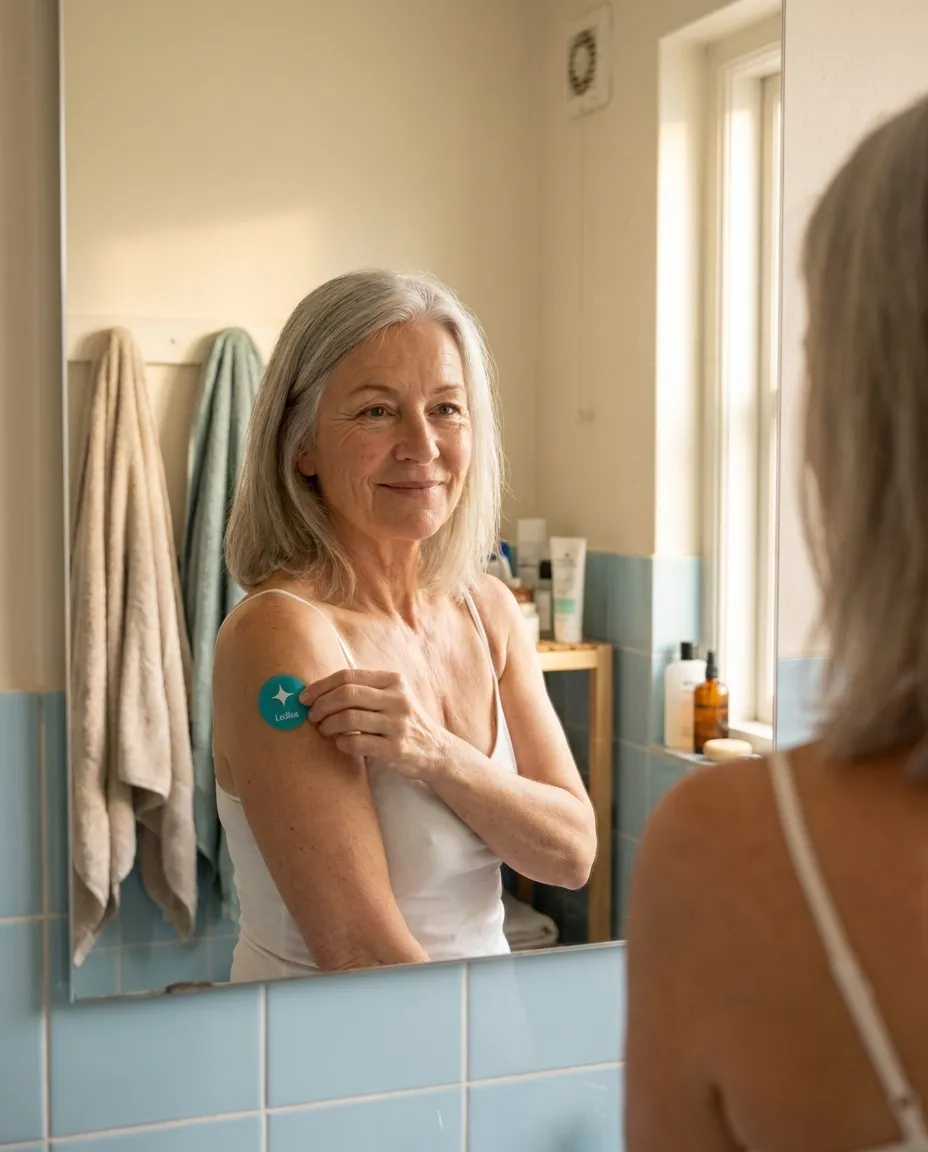 A woman in her 60s applying a teal Ledisa patch to her upper arm in a real-feel bathroom mirror.