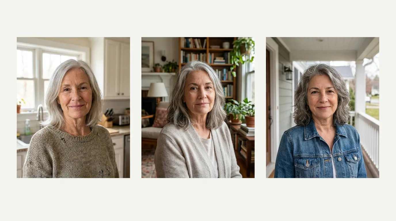 Three side-by-side documentary portraits of women aged 59 to 67 in real-home settings.