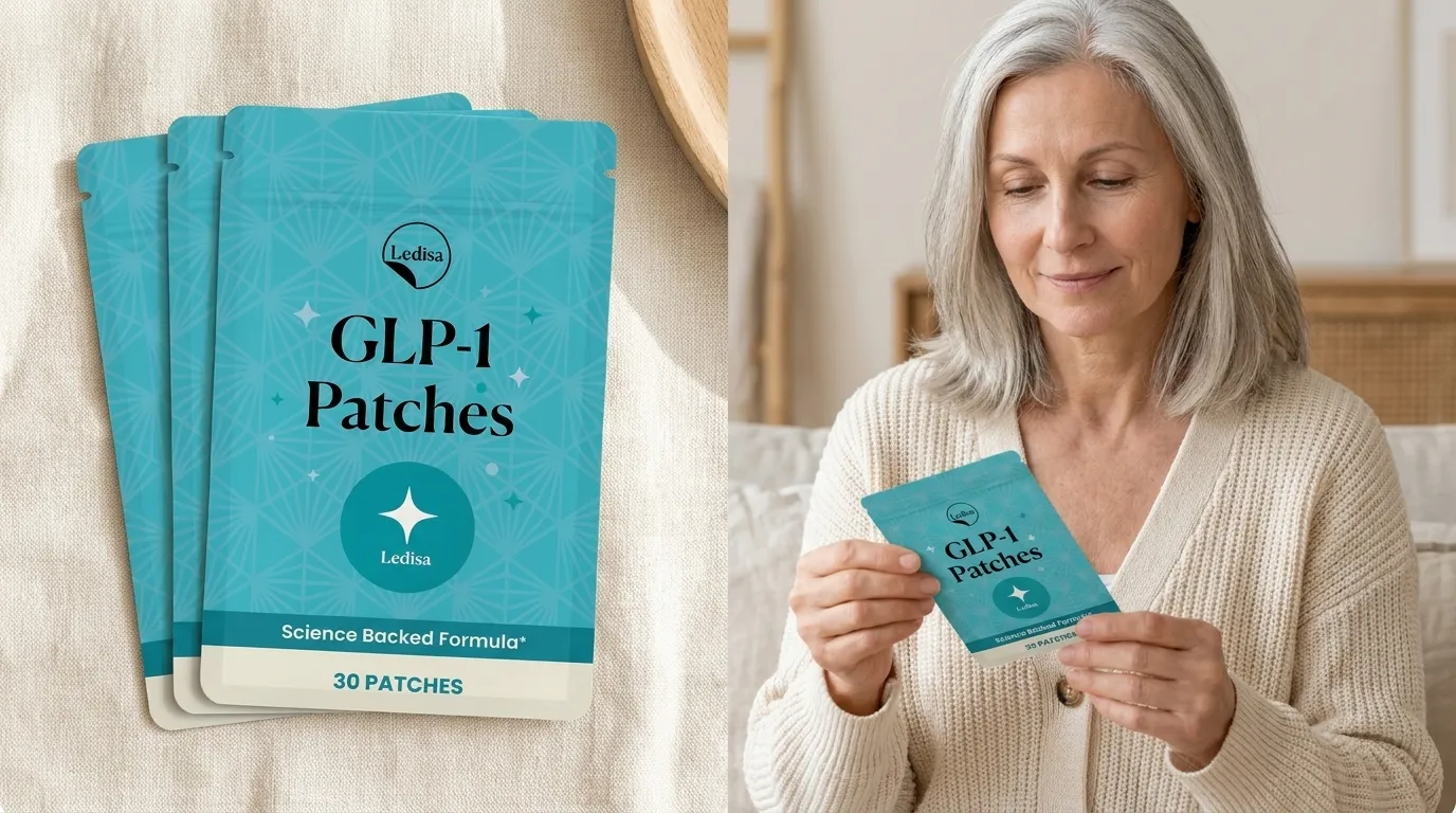 Hero product shot — three Ledisa GLP-1 patch sachets stacked on the left, a woman in her 60s holding one on the right in a real-feel home setting.