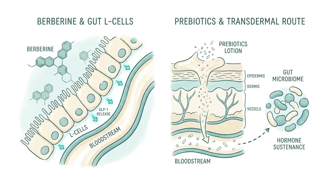 Clean mechanism illustration — Berberine activating gut L-cells, prebiotic molecules passing through skin and feeding the microbiome that sustains GLP-1 release.