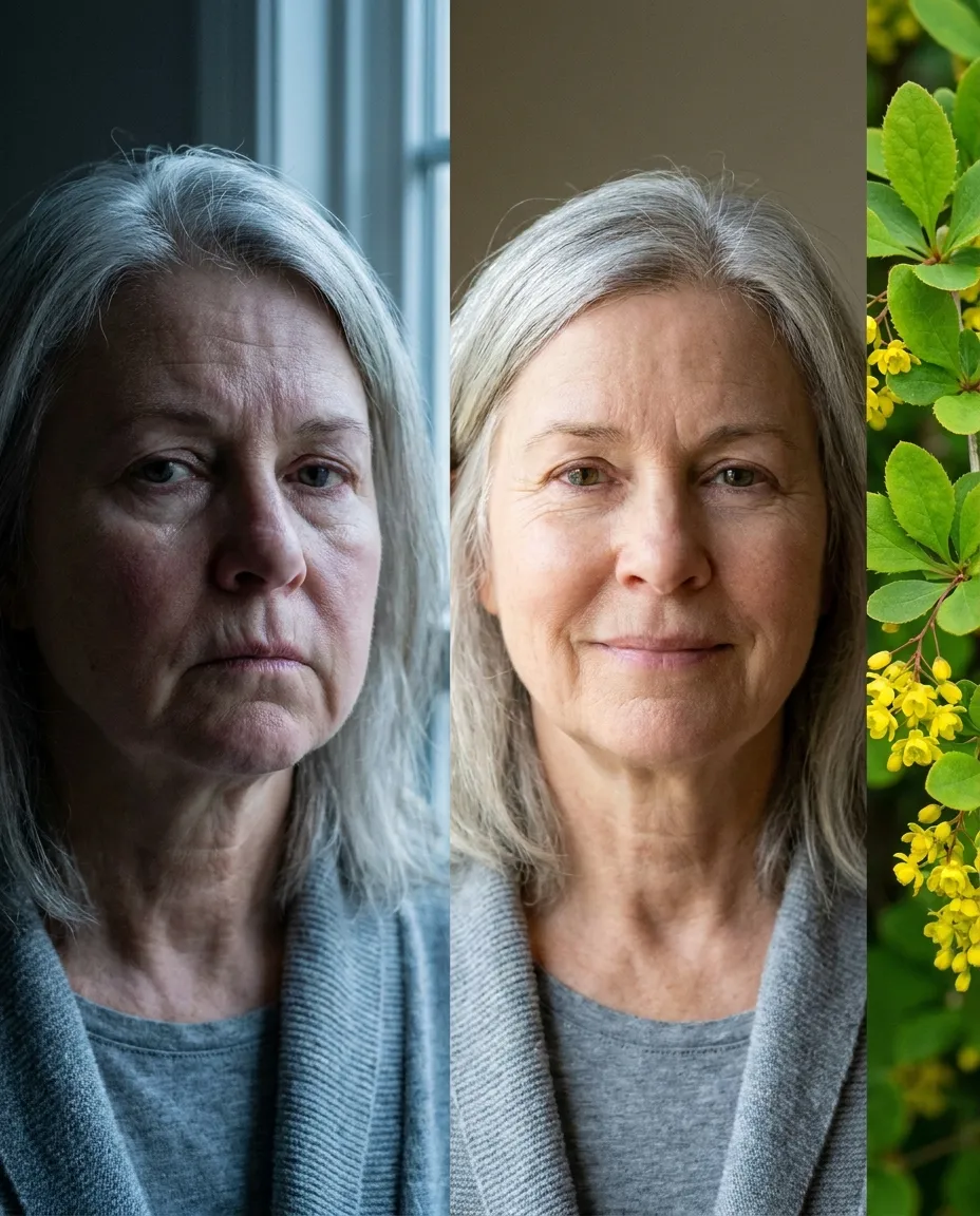 Editorial diptych portrait of the same woman in her 60s — tense and dim on the left, calmer and brighter on the right beside a sprig of berberis shrub.