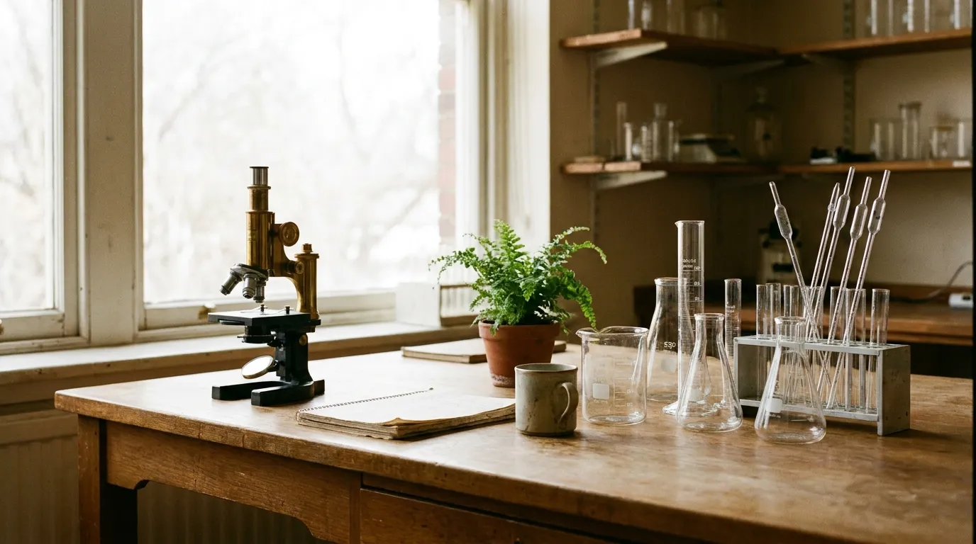 Editorial research lab bench close-up — microscope, glassware, soft natural daylight on a wood countertop.