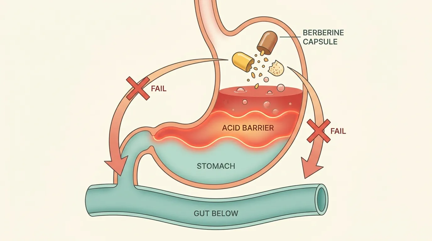 Editorial cross-section illustration showing an oral Berberine capsule breaking apart in stomach acid before it can reach the gut.