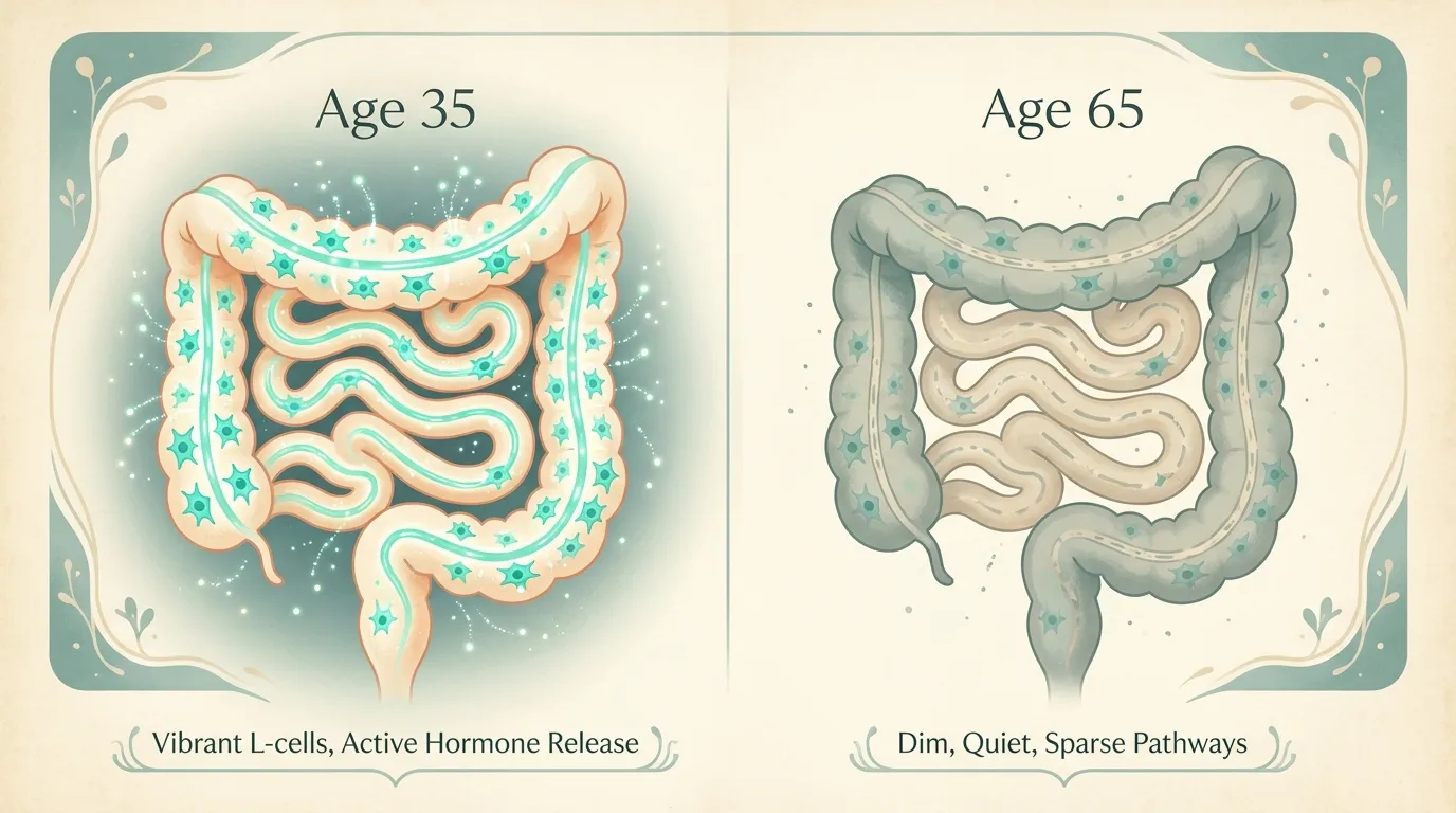 Side-by-side gut illustration — vibrant L-cells at age 35 on the left, dim and quiet at age 65 on the right.