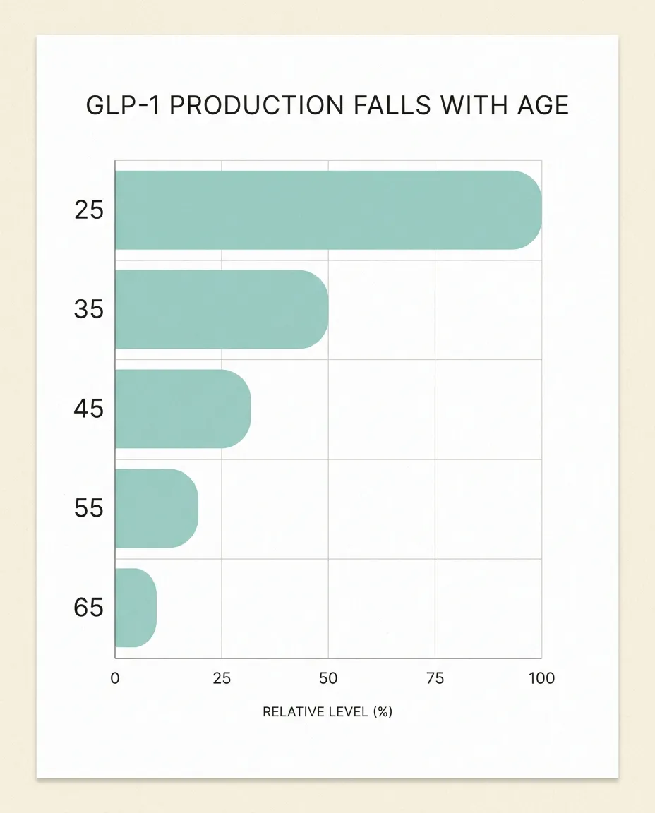 Bar chart titled GLP-1 Production Falls With Age with descending teal bars by decade from 25 to 65.