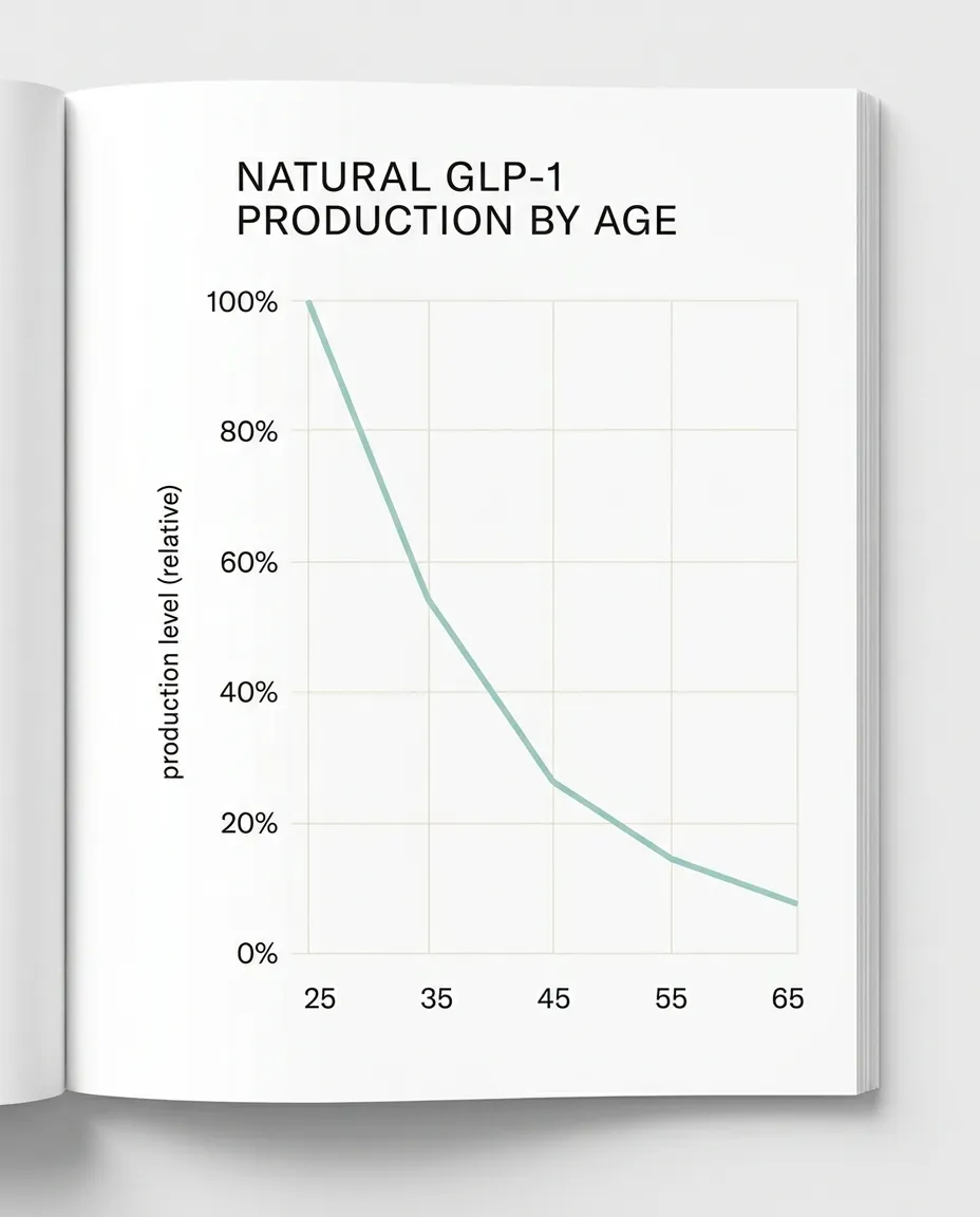 Line chart titled Natural GLP-1 Production by Age showing a steep decline from age 25 through 65.