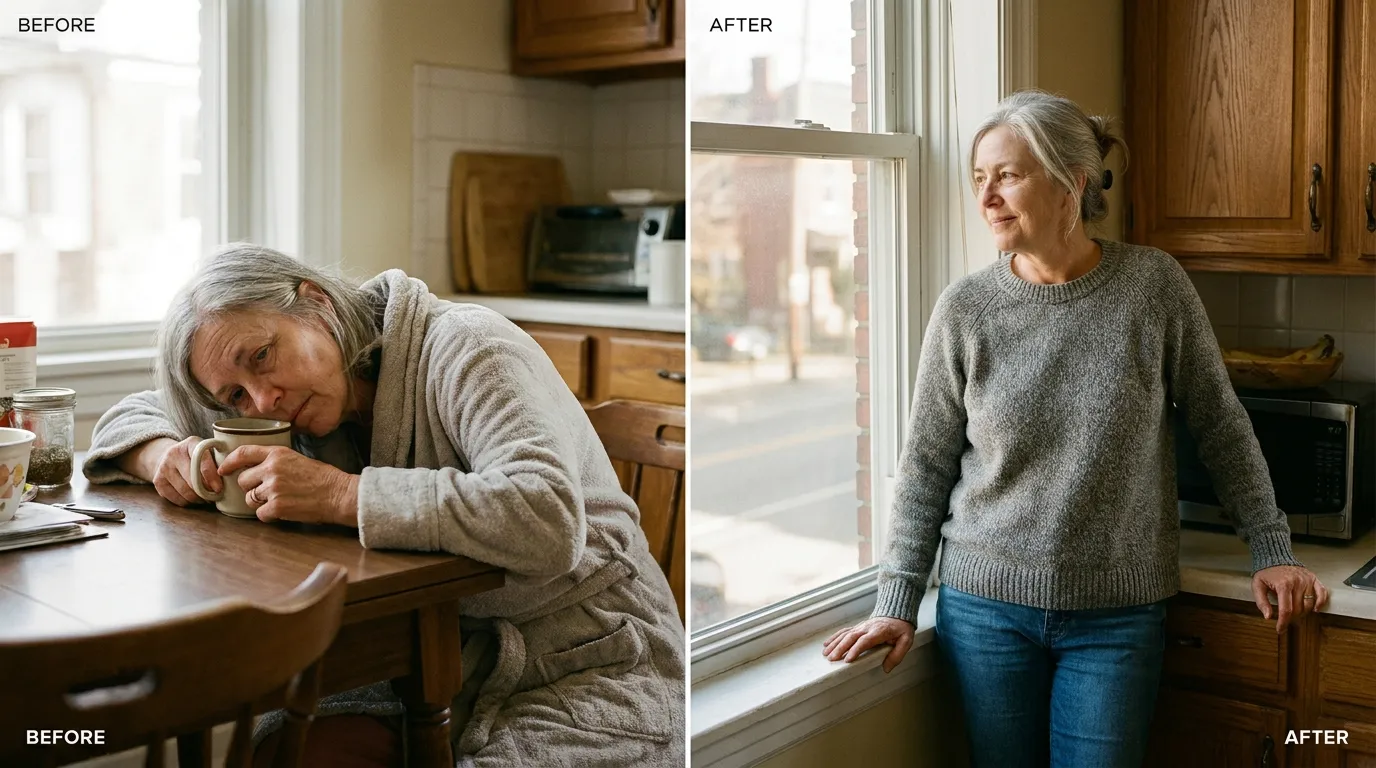 Before-and-after diptych of Linda at her Pittsburgh kitchen — tired in robe on the left, dressed and standing at the window six months later on the right.