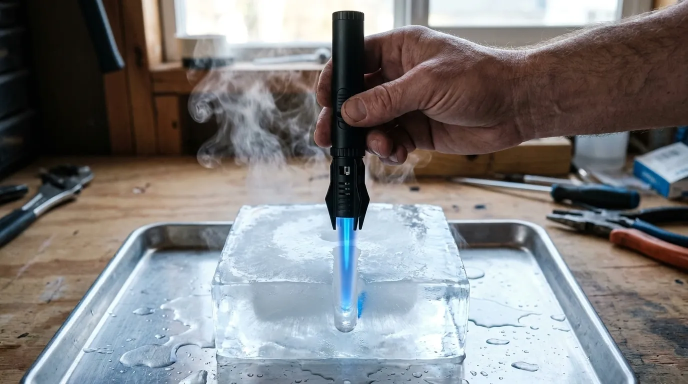 Plasma arc lighter melting through ice block