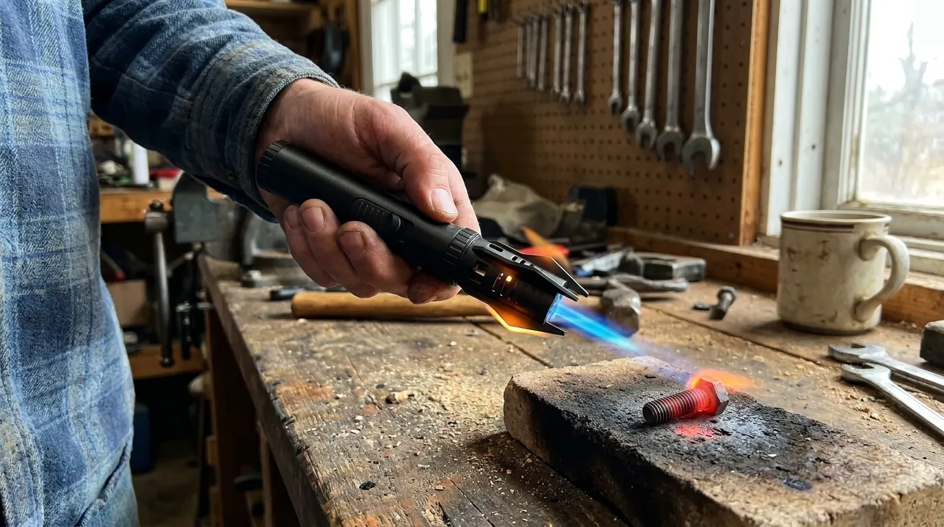 Plasma arc lighter heating steel bolt red-hot in workshop