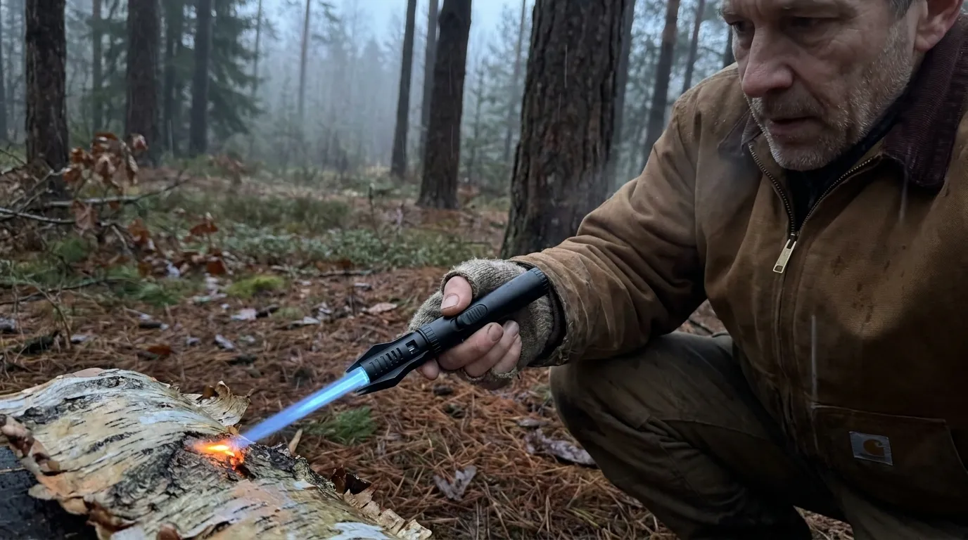 Man lighting fatwood tinder with IgniteX at damp campsite