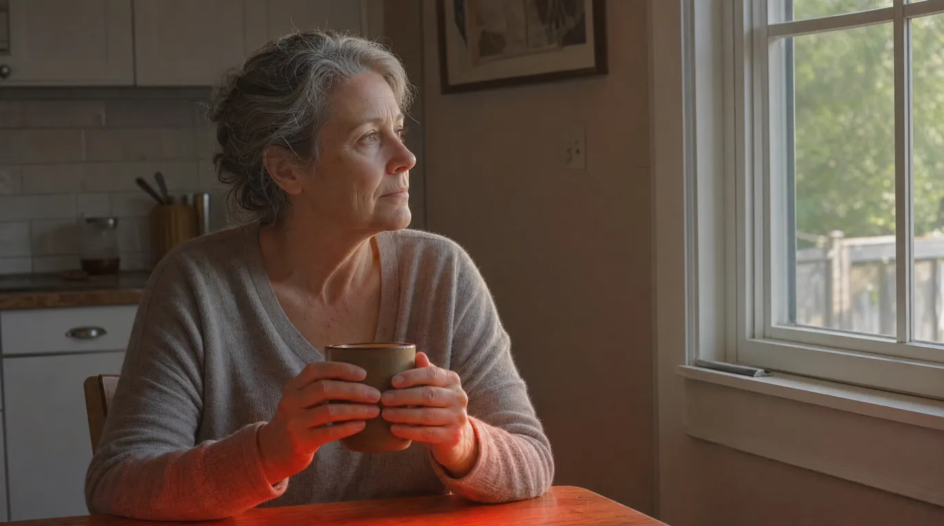 Woman in her early 60s at a kitchen table in calm morning light, hands around a coffee cup.