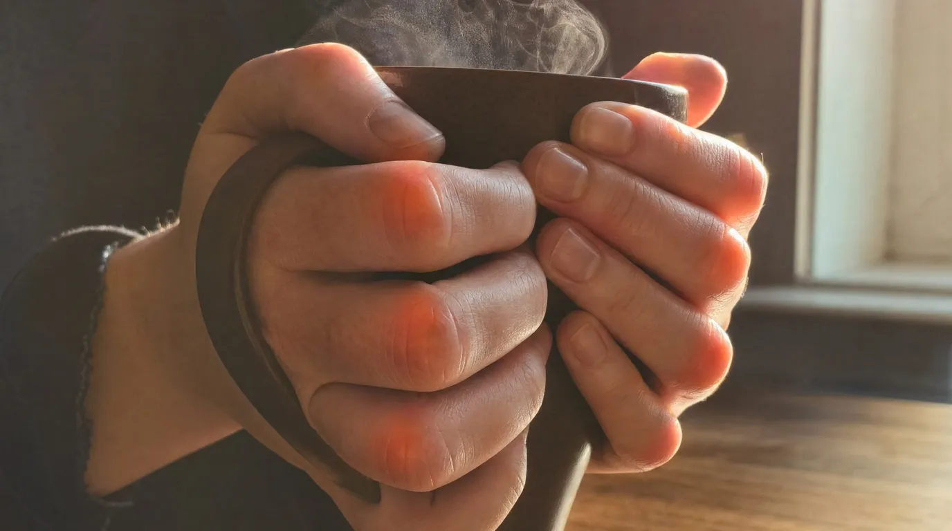 Woman's hands with slightly swollen knuckles wrapped around a warm mug.