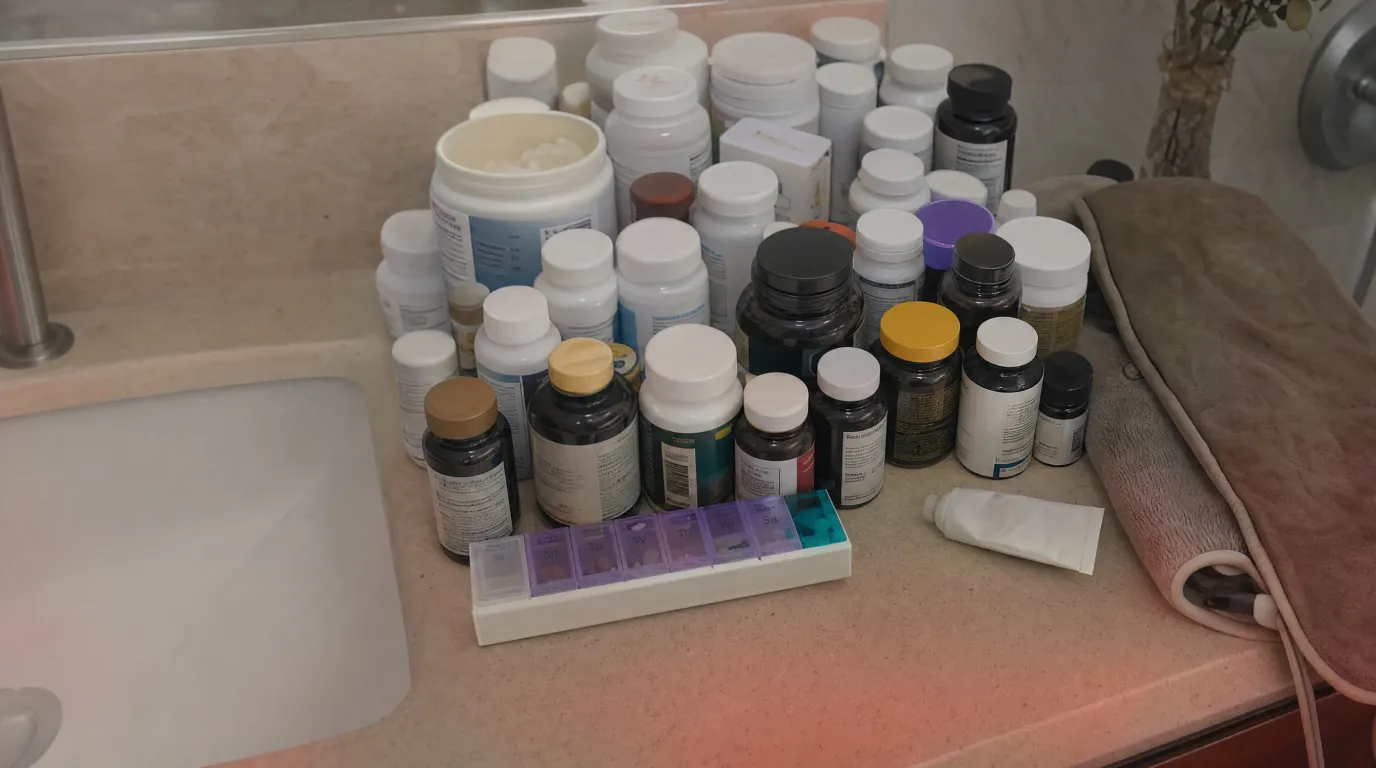 Bathroom counter with supplement bottles, pill organizer, topical cream, and heating pad.