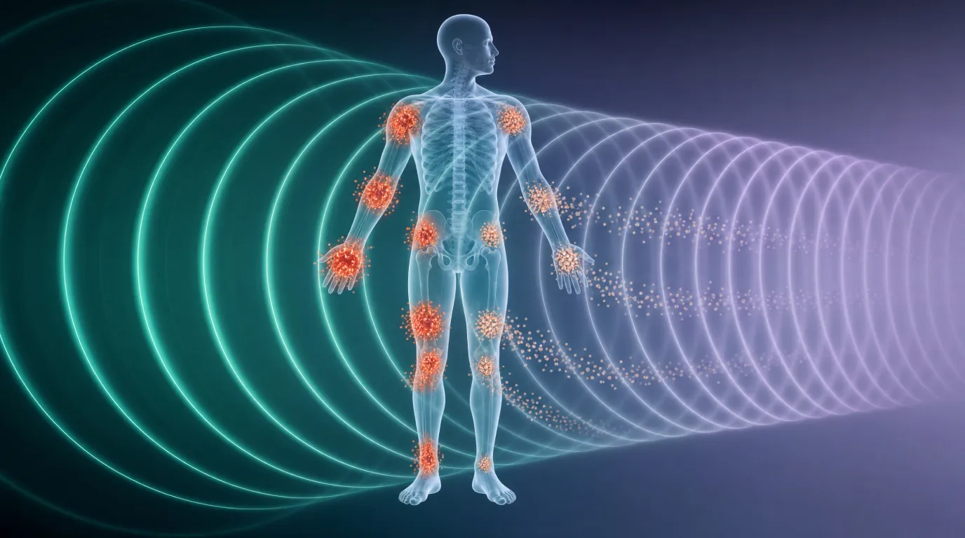 Editorial illustration of a pulsed electromagnetic field passing through the body and inflammatory clusters settling.