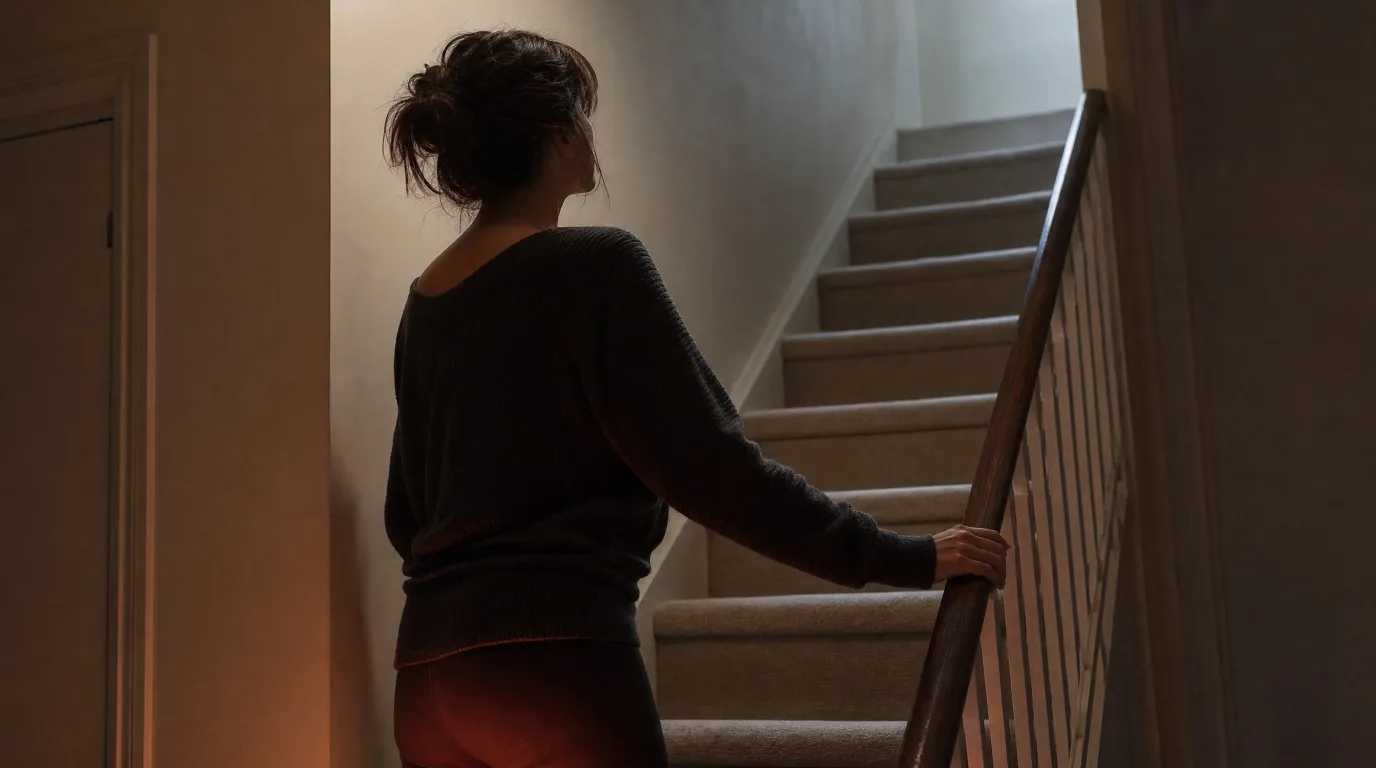 Woman pausing at the bottom of a staircase with one hand on the railing.