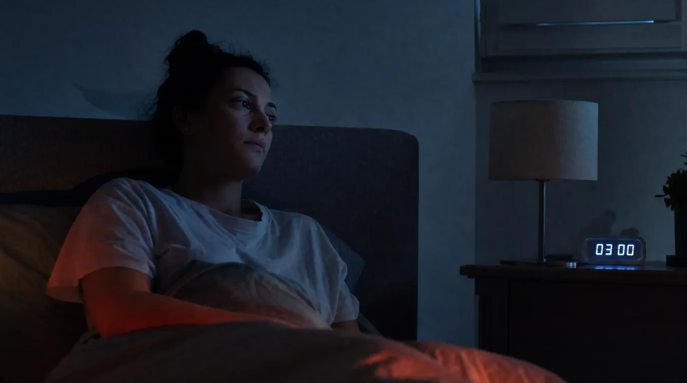 Woman awake in a dim bedroom at 3 AM.