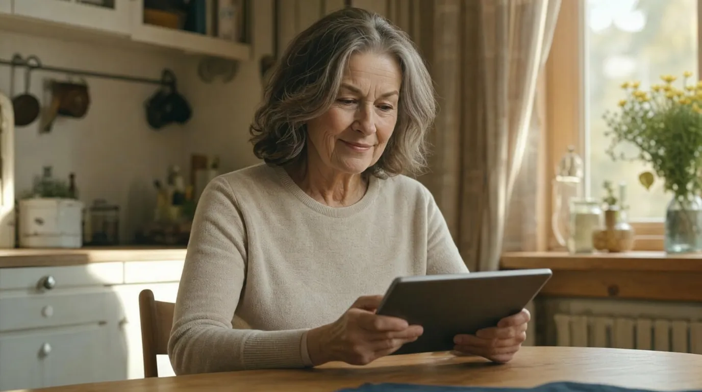 Woman in her 60s at a kitchen table reading on a tablet.