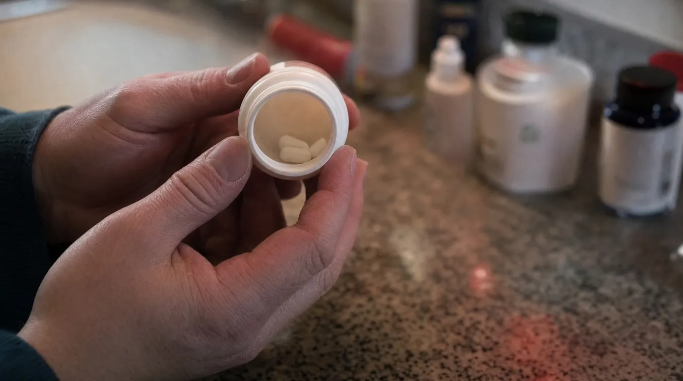 Hands holding a nearly empty ibuprofen bottle over a bathroom counter.