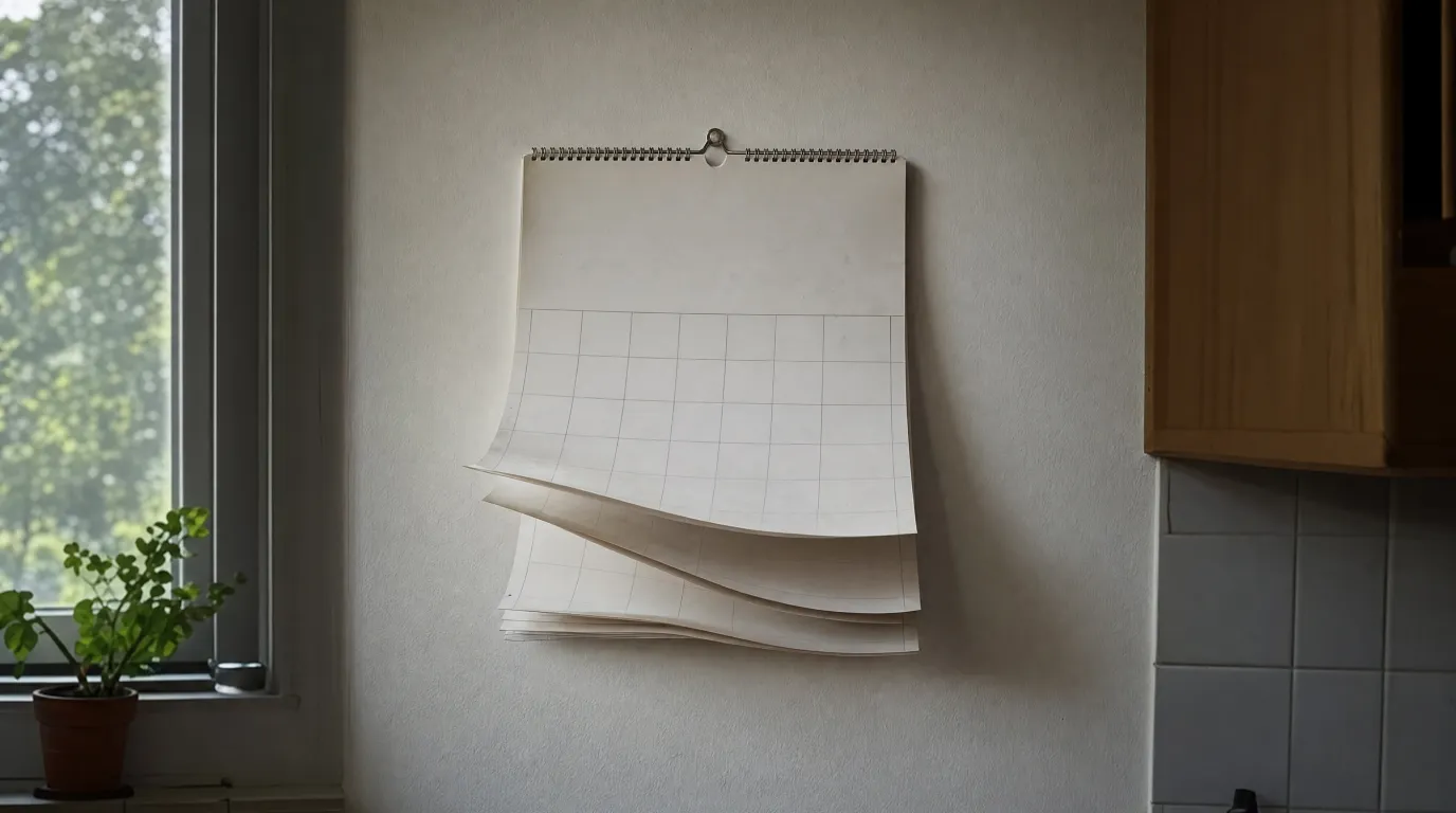 Wall calendar with several months turned past.