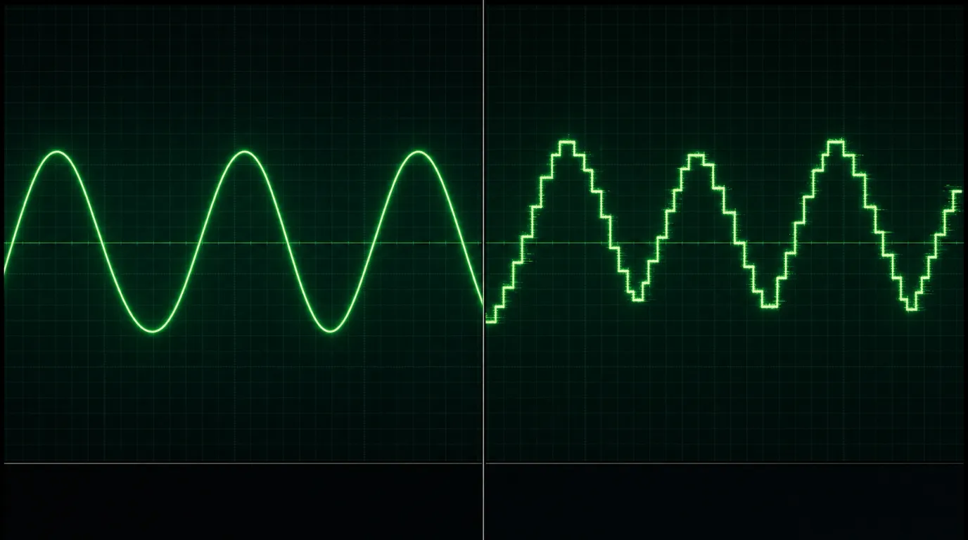 the two-channel split, a clean analog sine wave through earphones on one side, a gentle PEMF field reaching the body 
