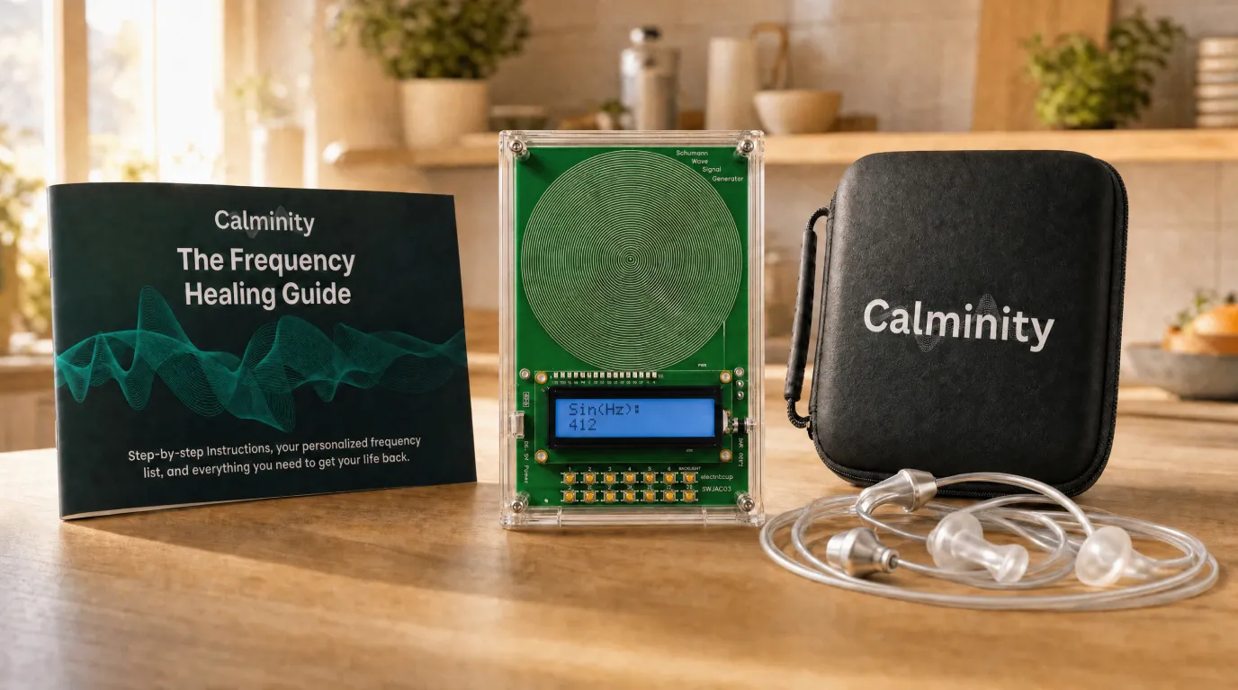Calminity V2, anti-radiation earphones, protective case, printed Frequency Healing Guide, and eBook