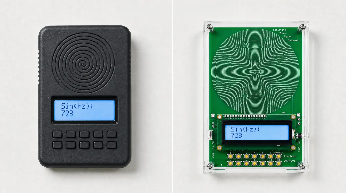 Editorial hero of the Calminity device beside a phone playing a generic frequency video.