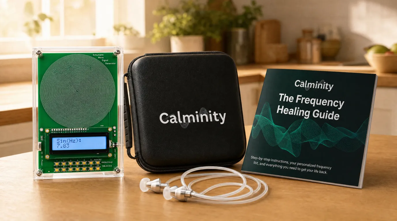 Calminity V2, anti-radiation earphones, protective case, printed Frequency Healing Guide, and eBook