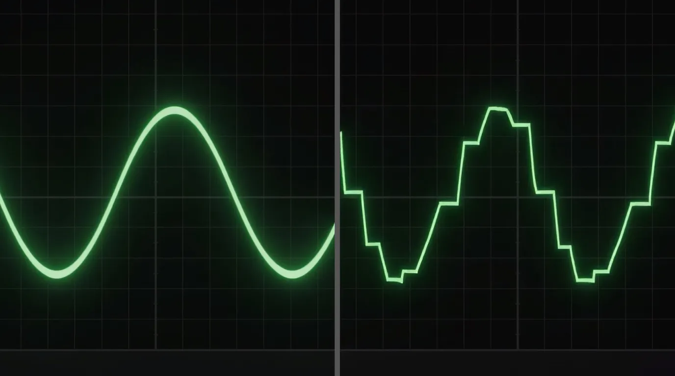 the two-channel split, a clean analog sine wave through earphones on one side, a gentle PEMF field reaching the body 