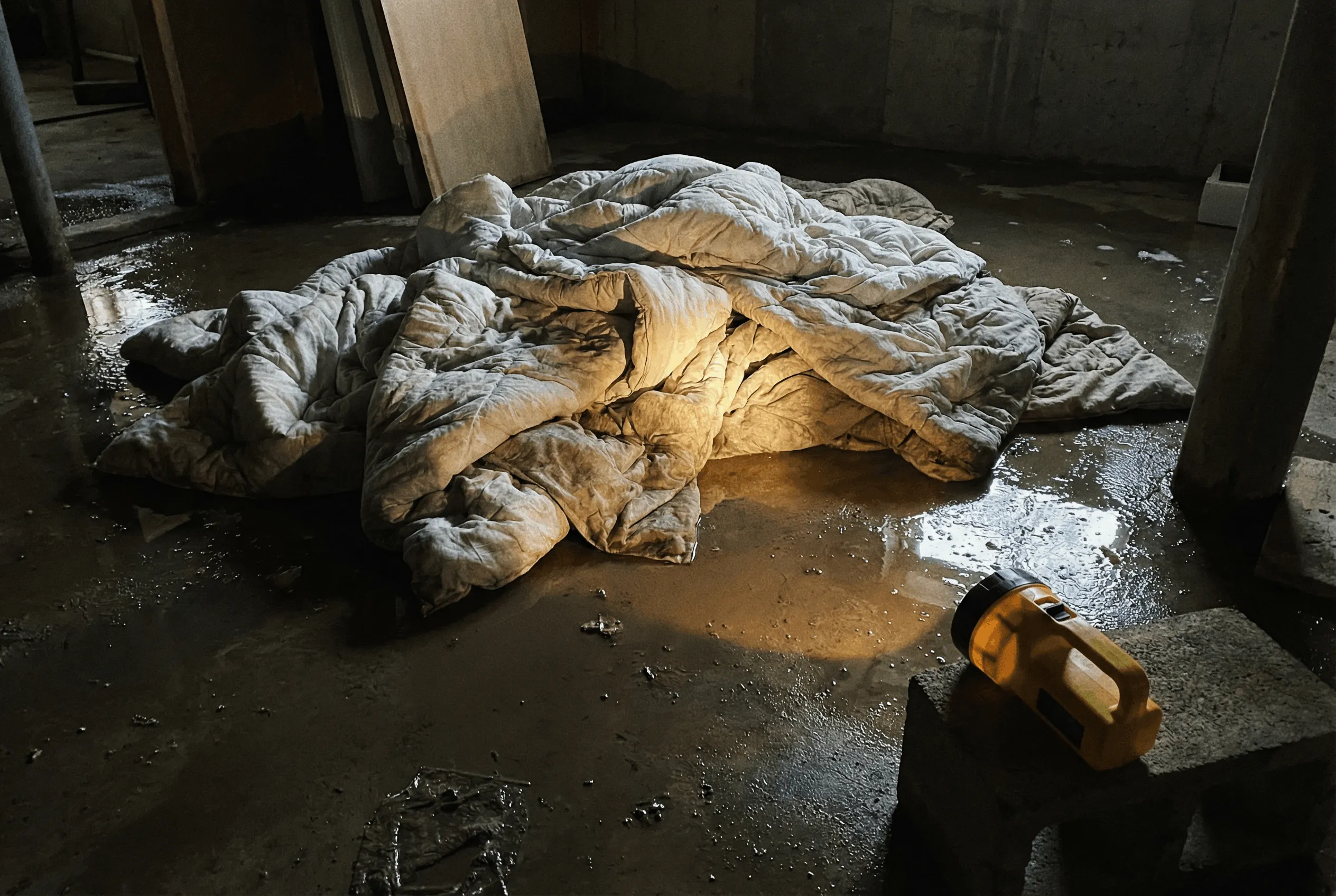 Soaking wet cotton blankets piled on a damp basement floor, clearly useless for warmth