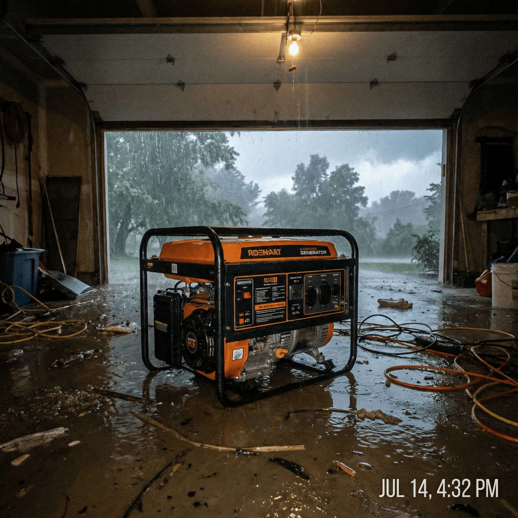 A useless generator in a flooded garage